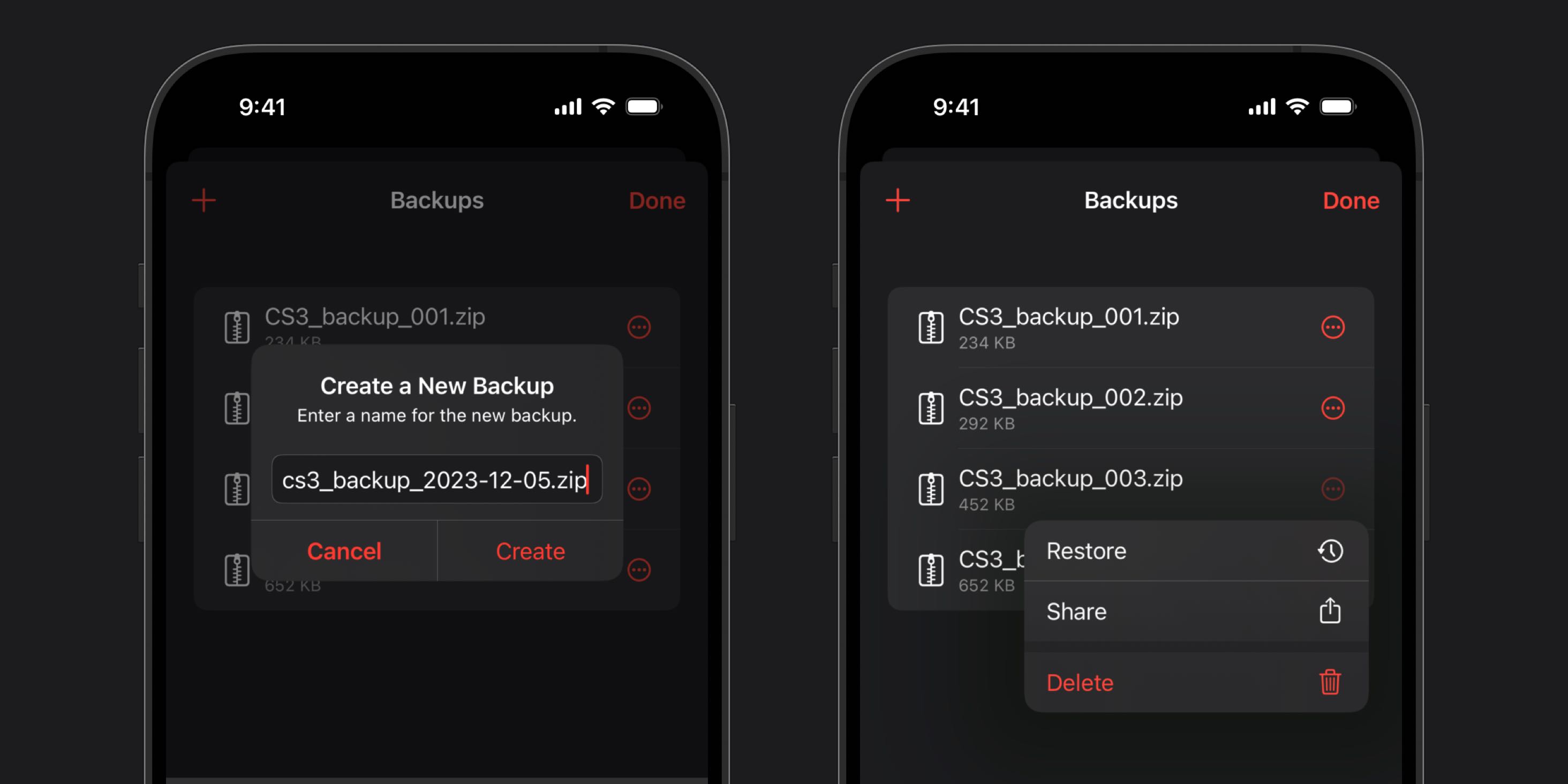 Screenshot der CS3 Backup-Verwaltung auf dem iPhone.