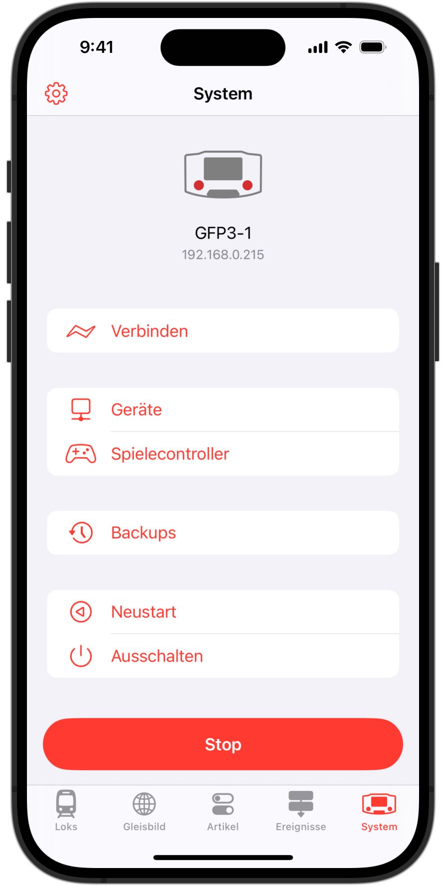Screenshot eines iPhones mit dem Systemmenü in RailControl Pro