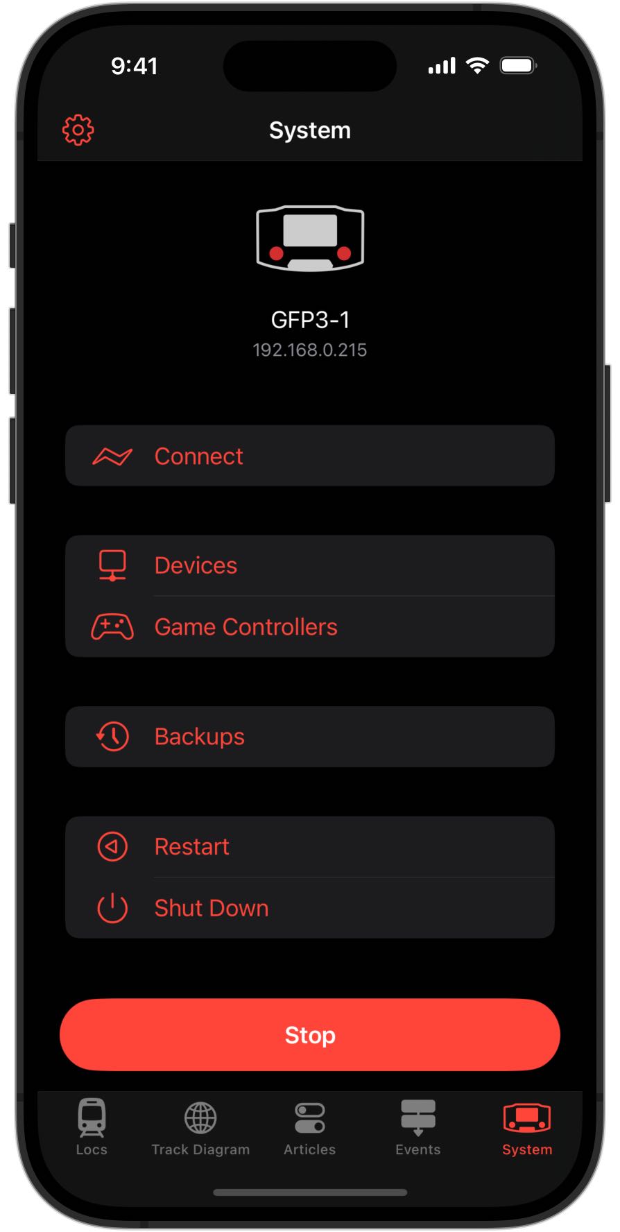 Screenshot of an iPhone showing the System menu in RailControl Pro