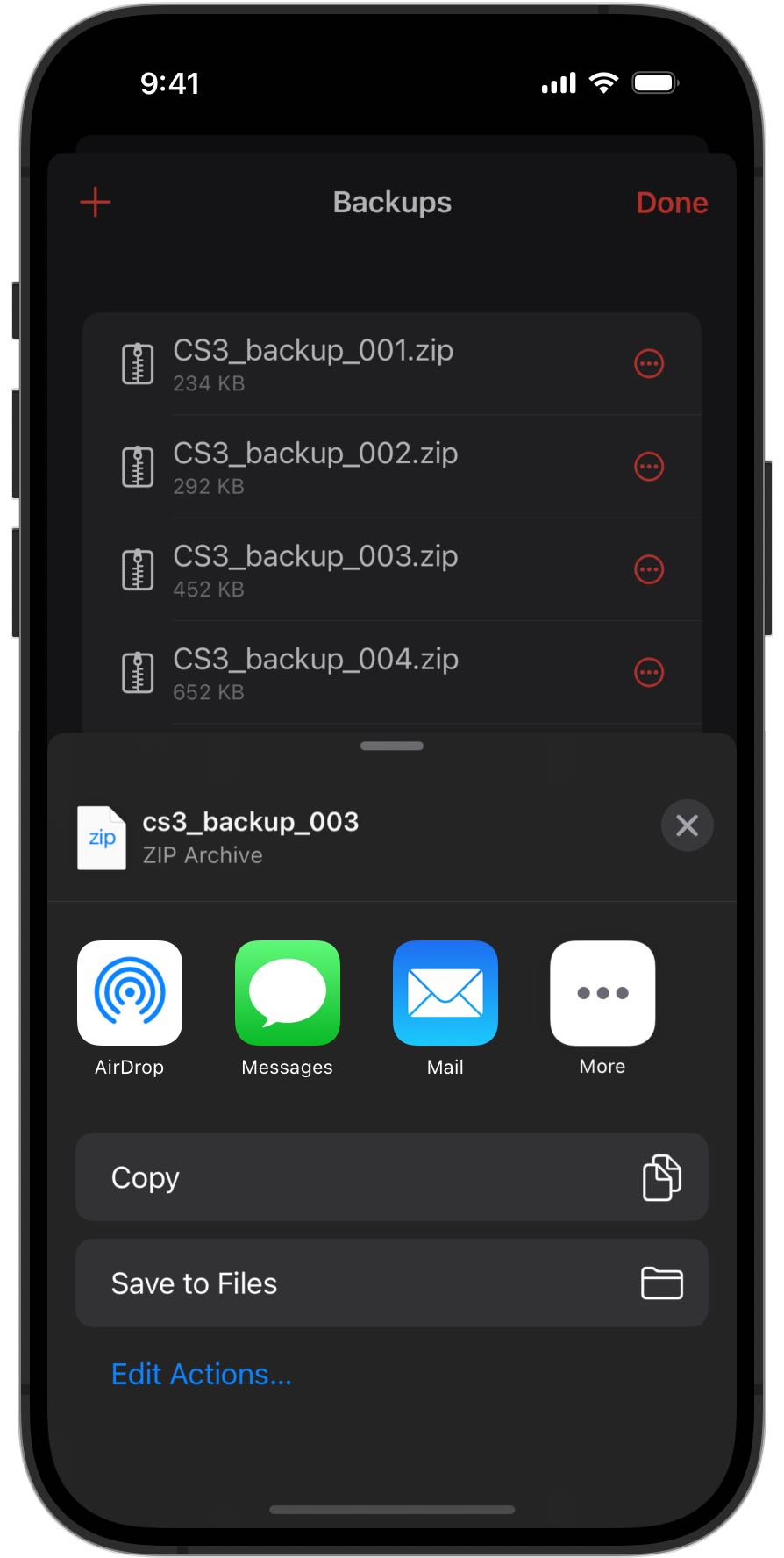 Screenshot of an iPhone showing the share sheet in RailControl Pro