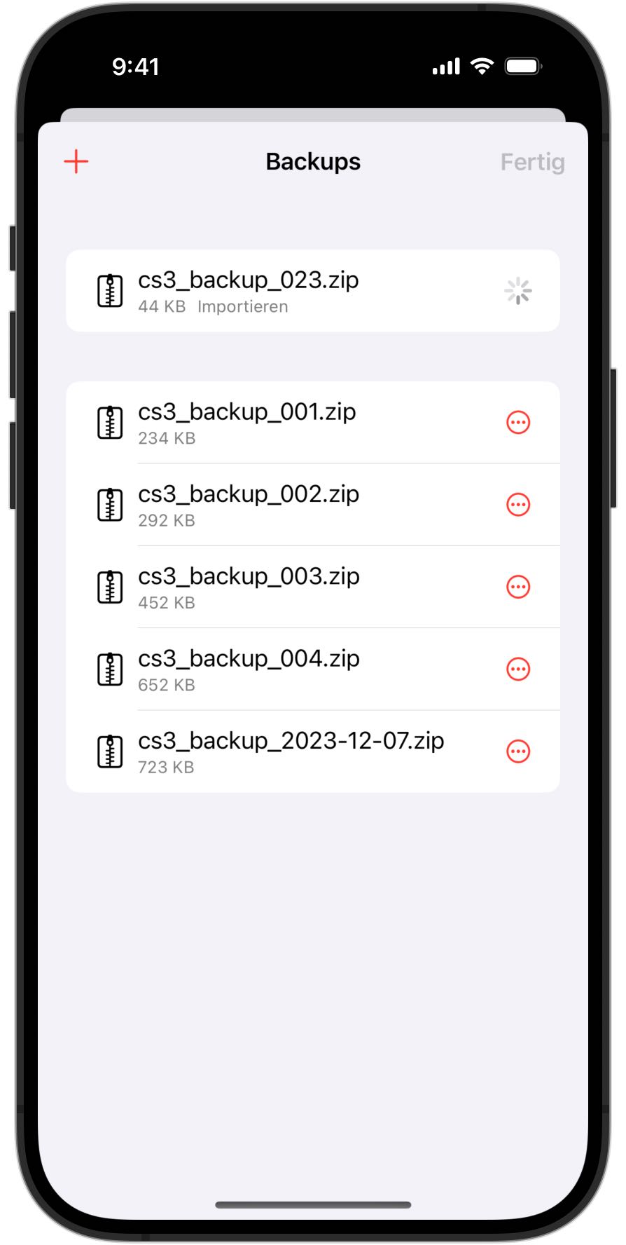 Screenshot eines iPhones, das ein Backup in RailControl Pro importiert
