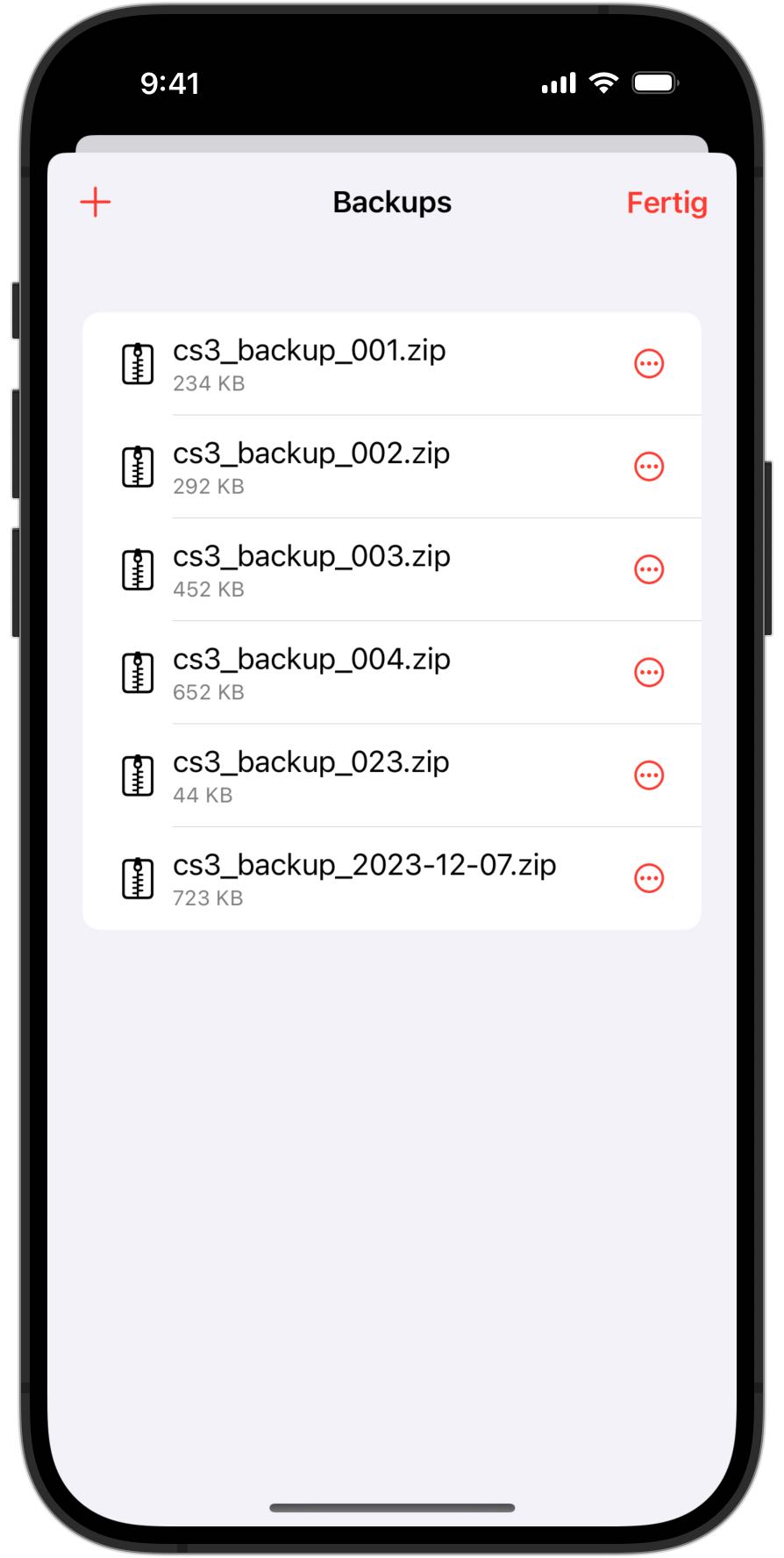Screenshot eines iPhones, das die Übersicht der Backups in RailControl Pro zeigt