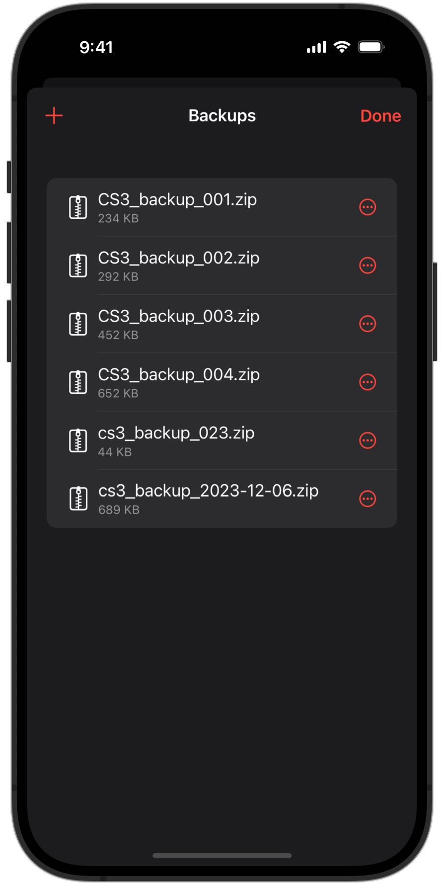 Screenshot of an iPhone showing the backup overview in RailControl Pro