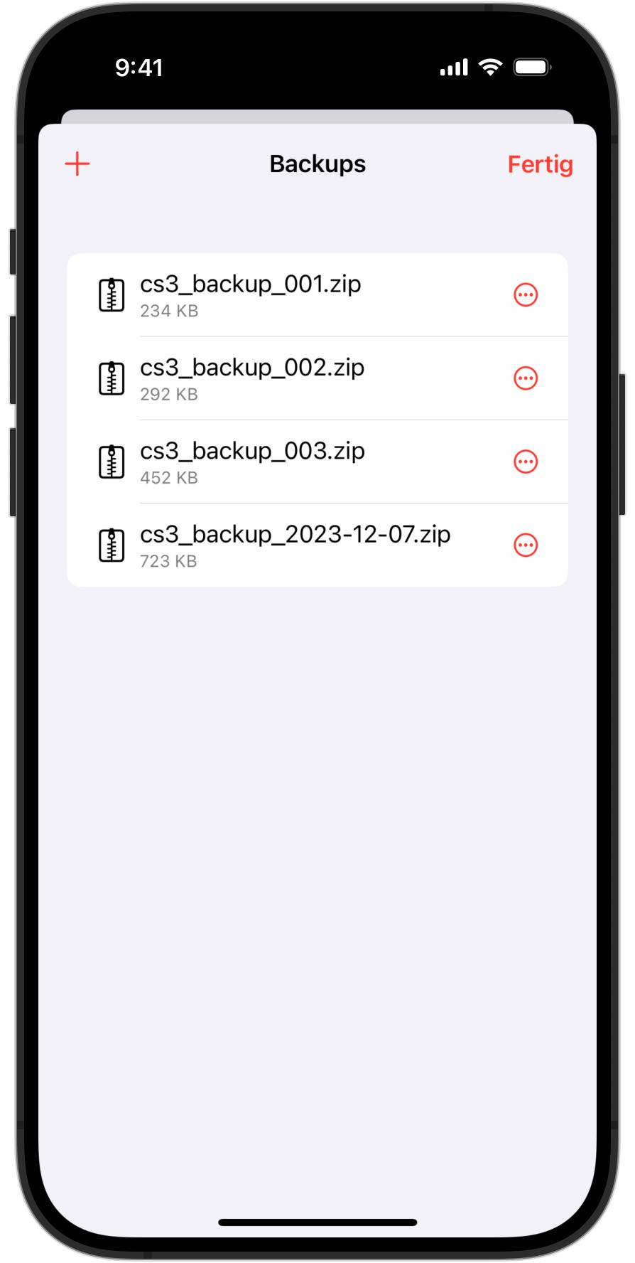 Screenshots eines iPhones mit der Übersicht der Backups in RailControl Pro