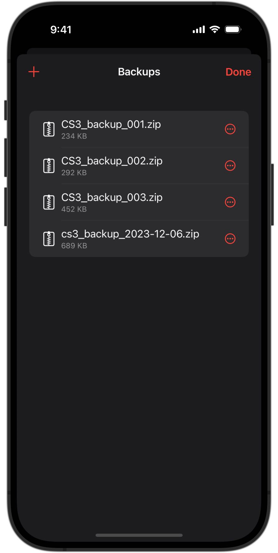 Screenshots of an iPhone showing the backup overview in RailControl Pro