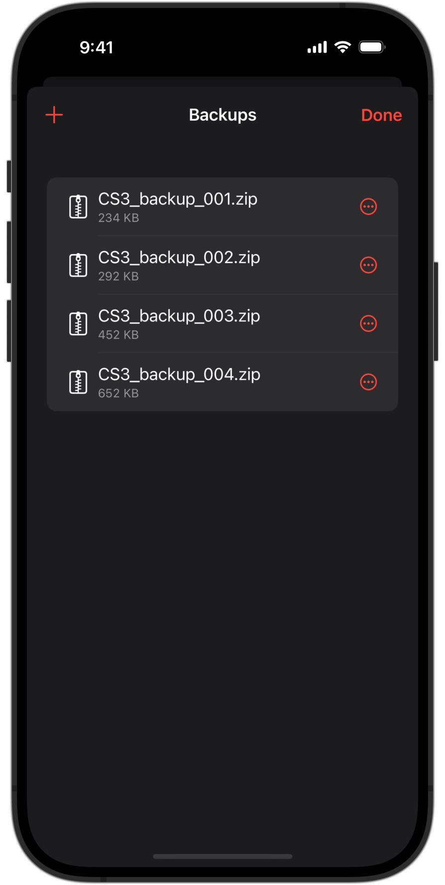 Screenshot of an iPhone showing the backups overview in RailControl Pro