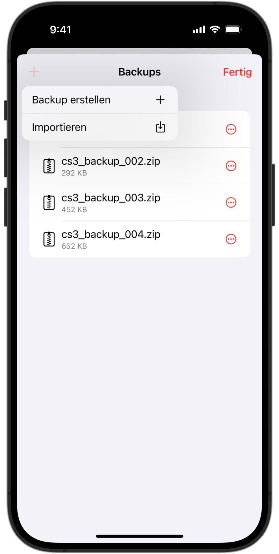 Screenshot eines iPhones, das das neue Backup-Menü in RailControl Pro zeigt