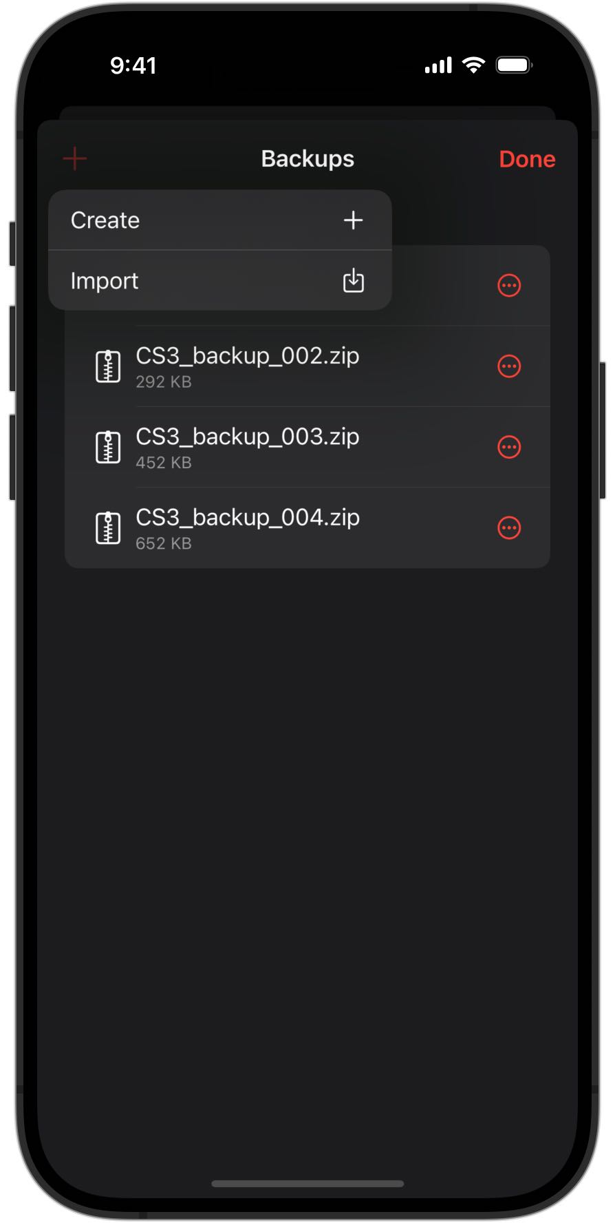 Screenshot of an iPhone showing the new backup menu in RailControl Pro