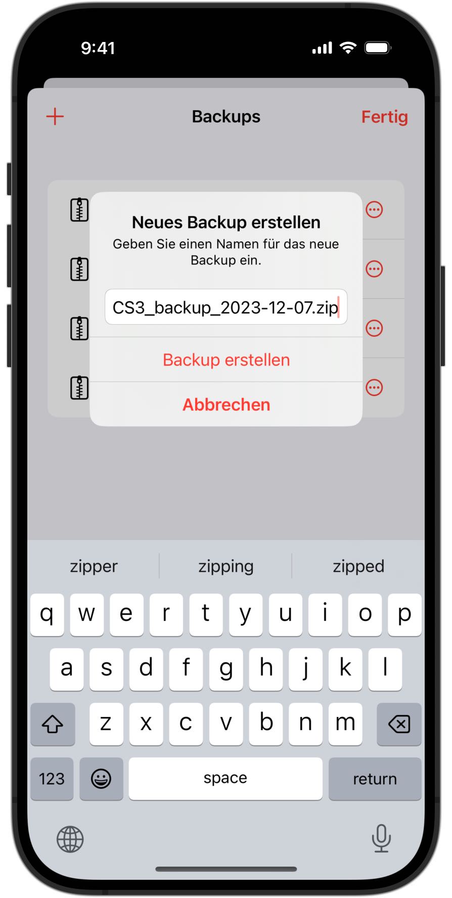 Screenshot eines iPhones, das darum bittet, einen Backup-Namen in RailControl Pro einzugeben