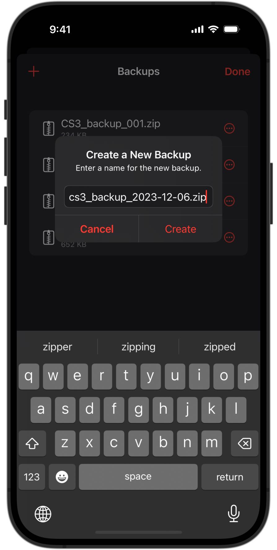 Screenshot of an iPhone asking to enter a backup name in RailControl Pro