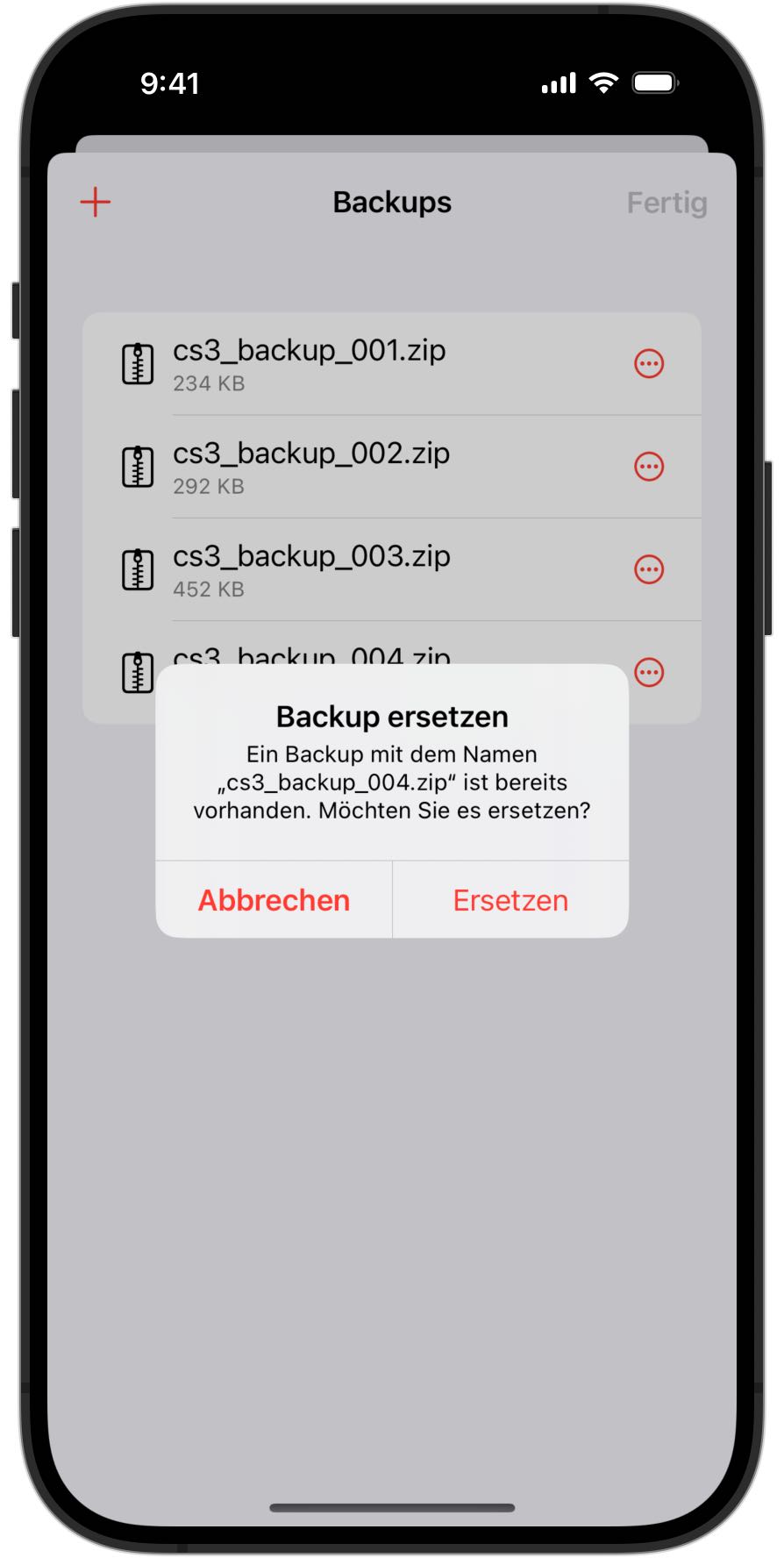 Screenshot eines iPhones, das darum bittet, ein Backup in RailControl Pro zu ersetzen