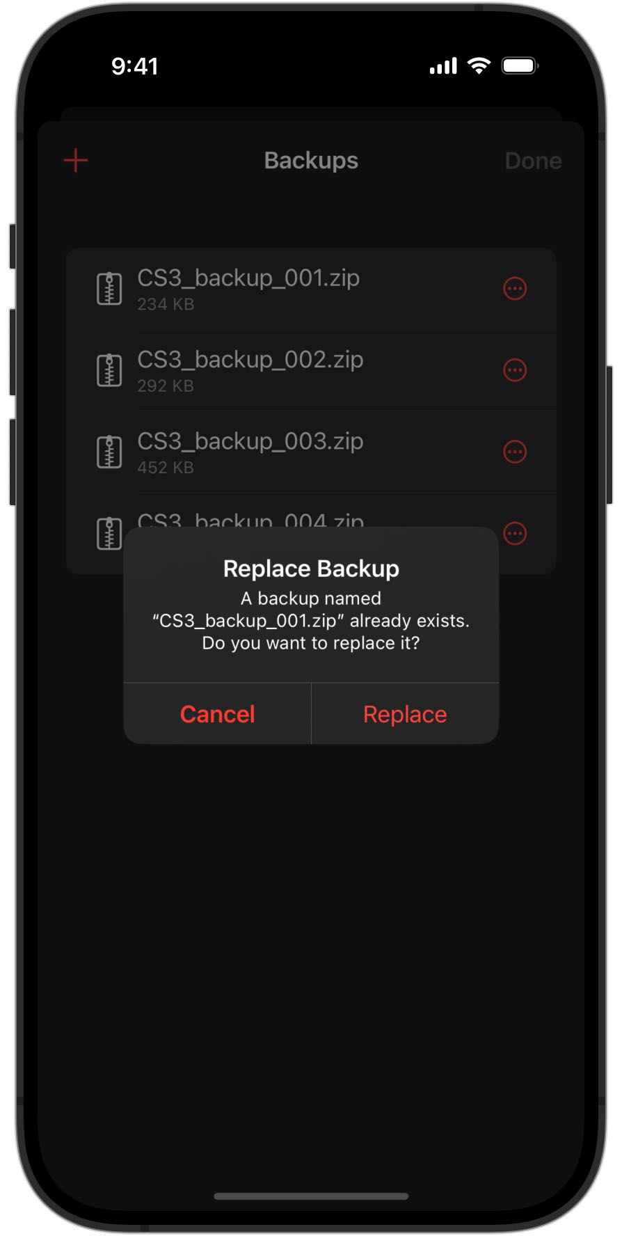 Screenshot of an iPhone asking to replace a backup in RailControl Pro