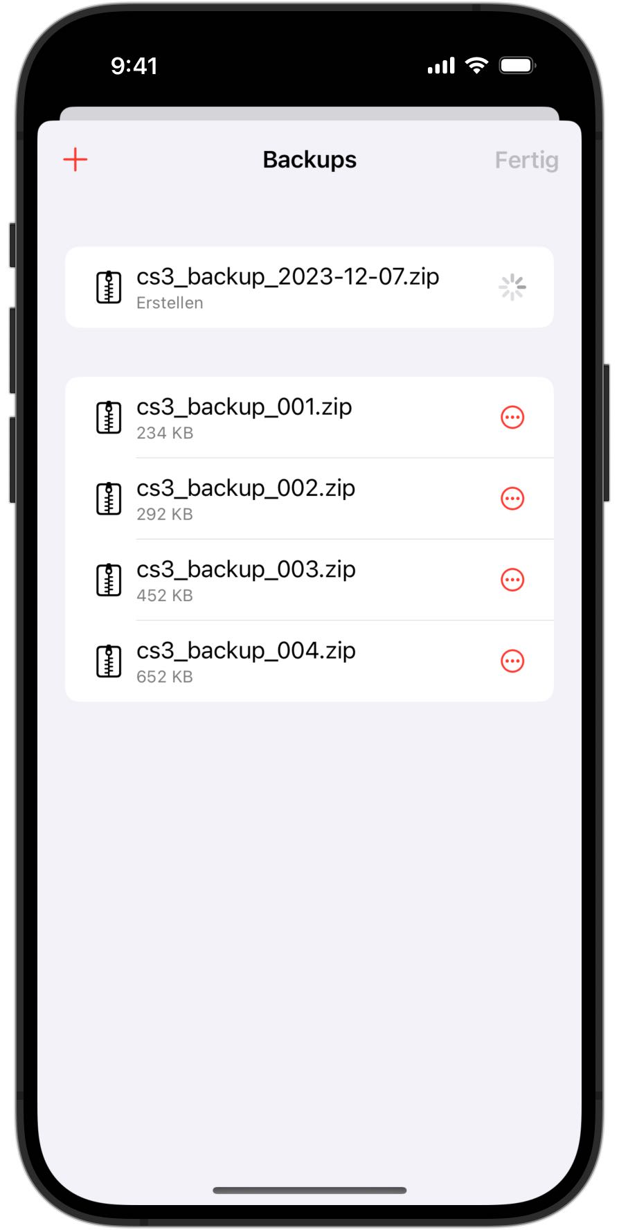 Screenshot eines iPhones, das ein Backup in RailControl Pro erstellt