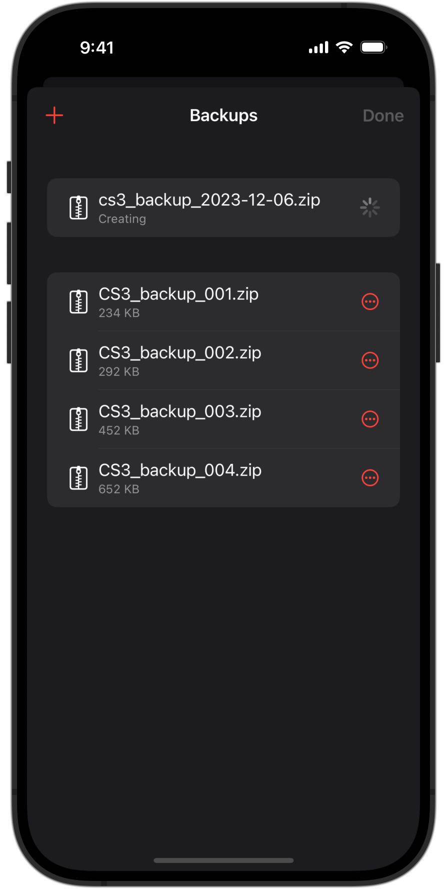 Screenshot of an iPhone creating a backup in RailControl Pro