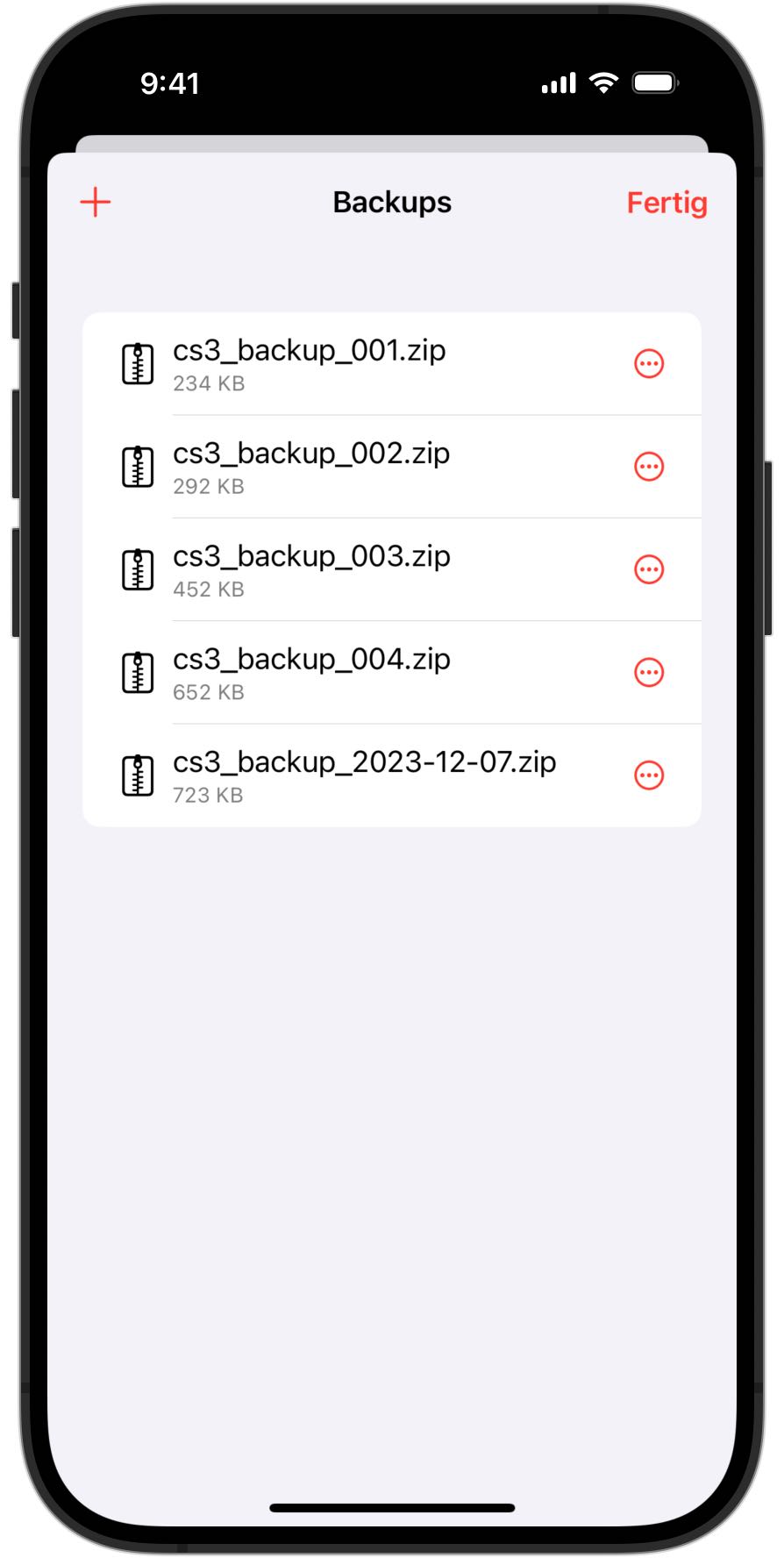 Screenshot eines iPhones mit der Übersicht der Backups in RailControl Pro