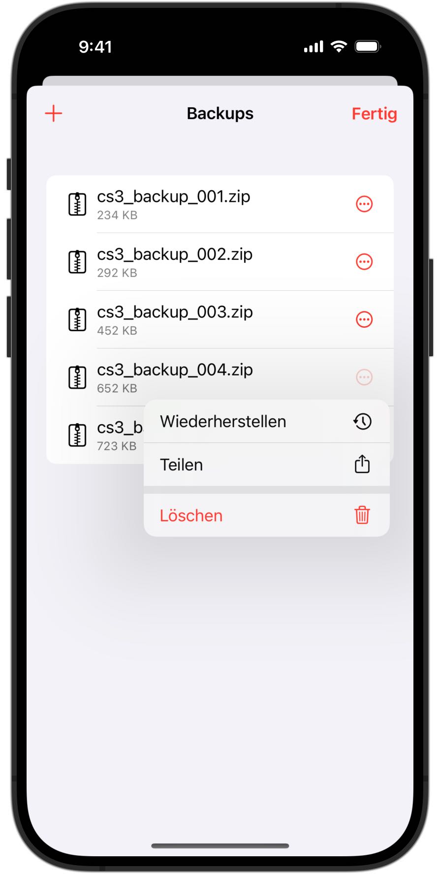 Screenshot eines iPhones mit Backup-Optionen in RailControl Pro