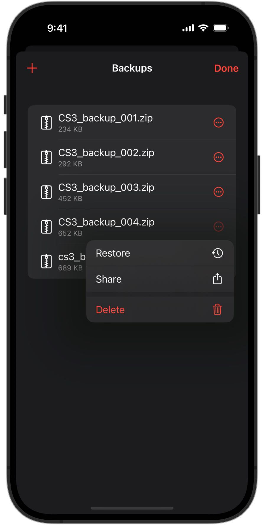 Screenshot of an iPhone showing backup options in RailControl Pro