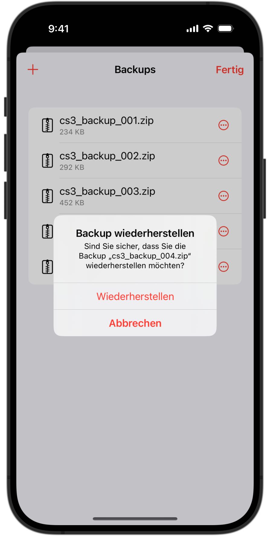 Screenshots eines iPhones, das vor der Wiederherstellung eines Backups in RailControl Pro um Bestätigung bittet