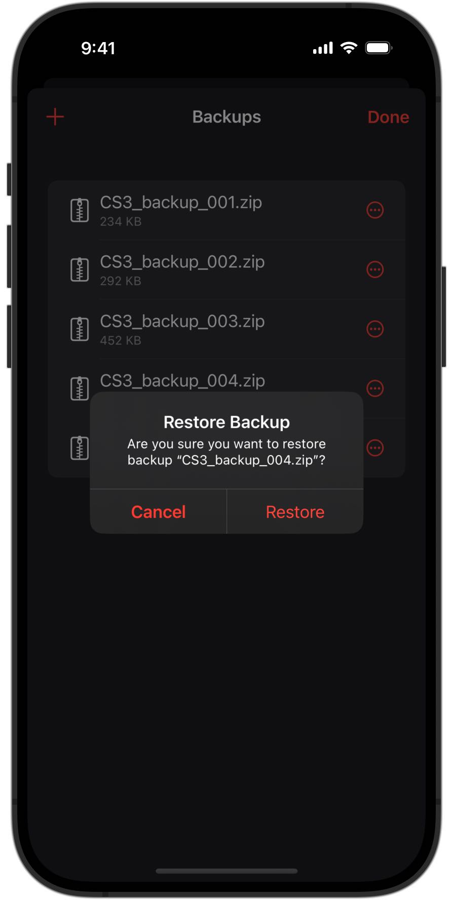 Screenshots of an iPhone asking confirmation before restoring a backup in RailControl Pro