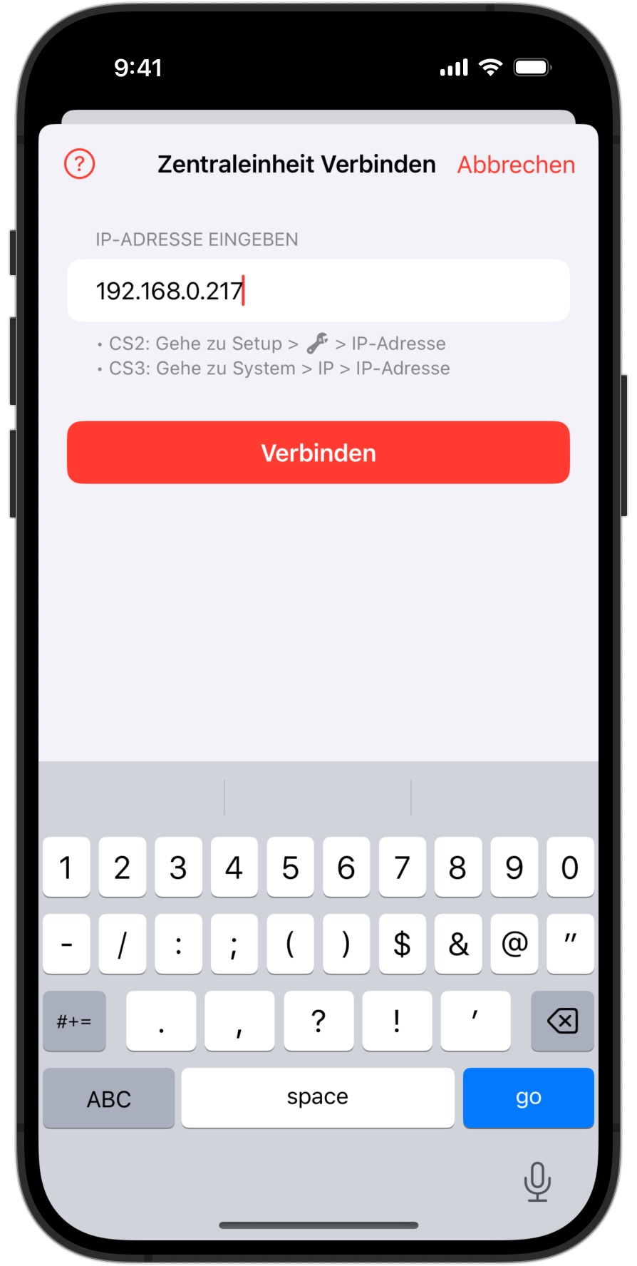 Screenshot des Verbindungsbildschirms zum Verbinden der Märklin Central Station mit iPhone, iPad oder Mac in RailControl Pro