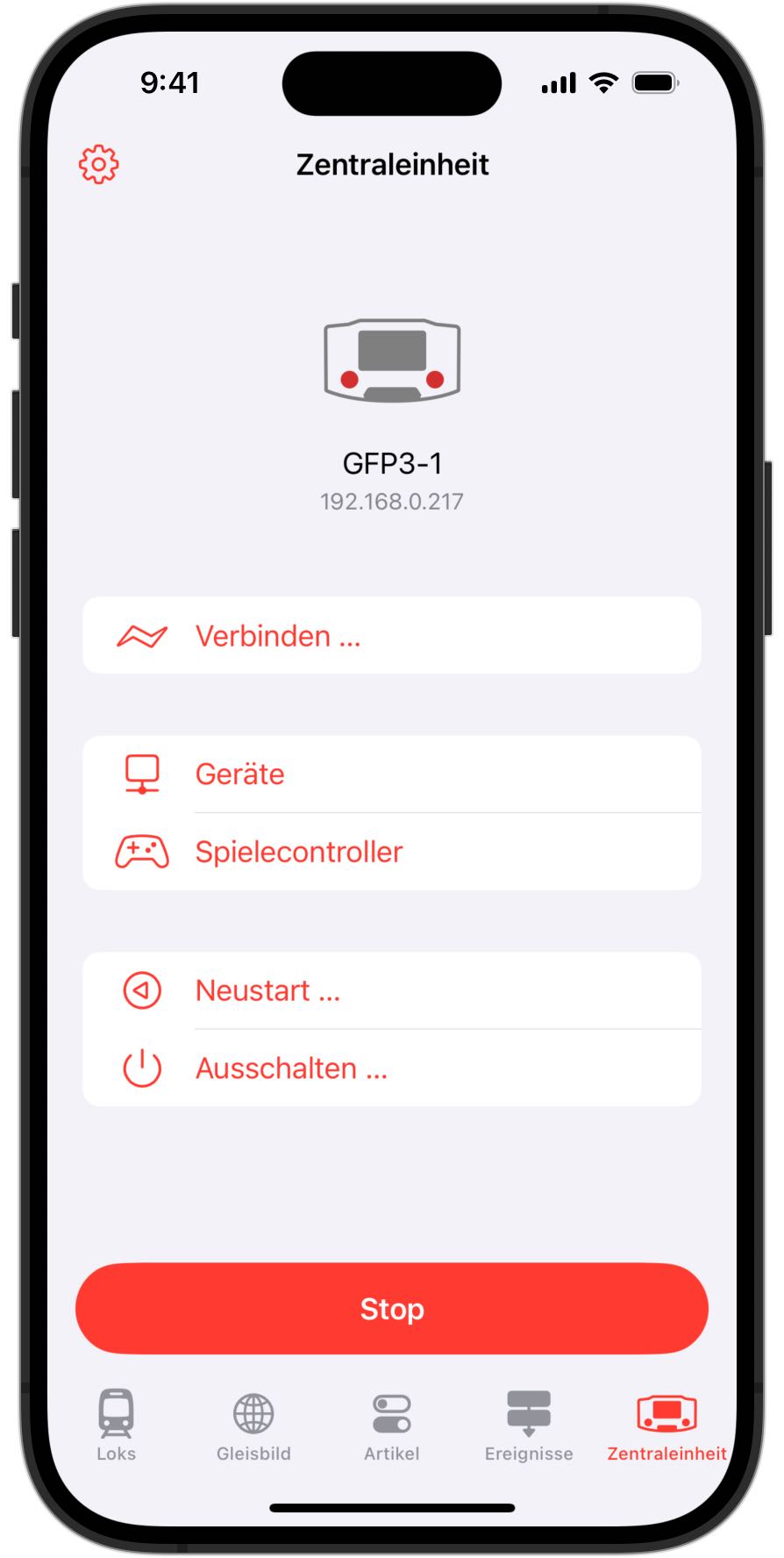 Screenshot des Zentraleinheitschirms bei Verbindung der Märklin Central Station 3 mit iPhone, iPad oder Mac mit RailControl Pro