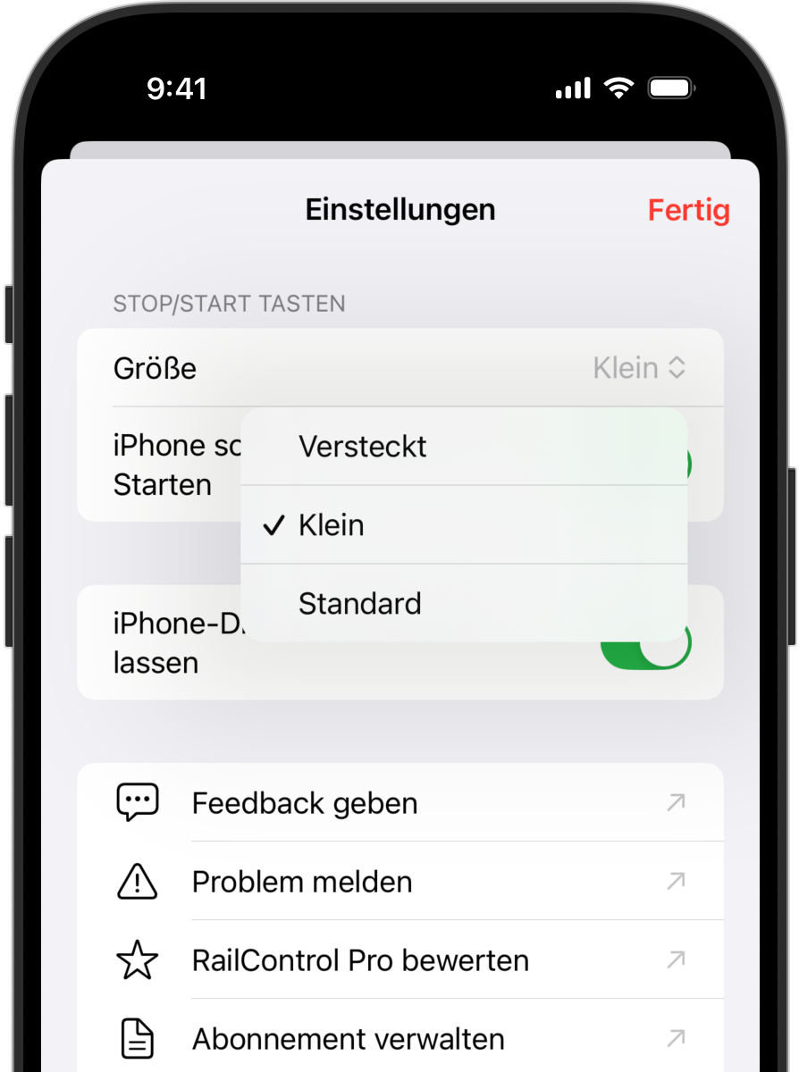 iPhone zeigt die Einstellungen in RailControl Pro an