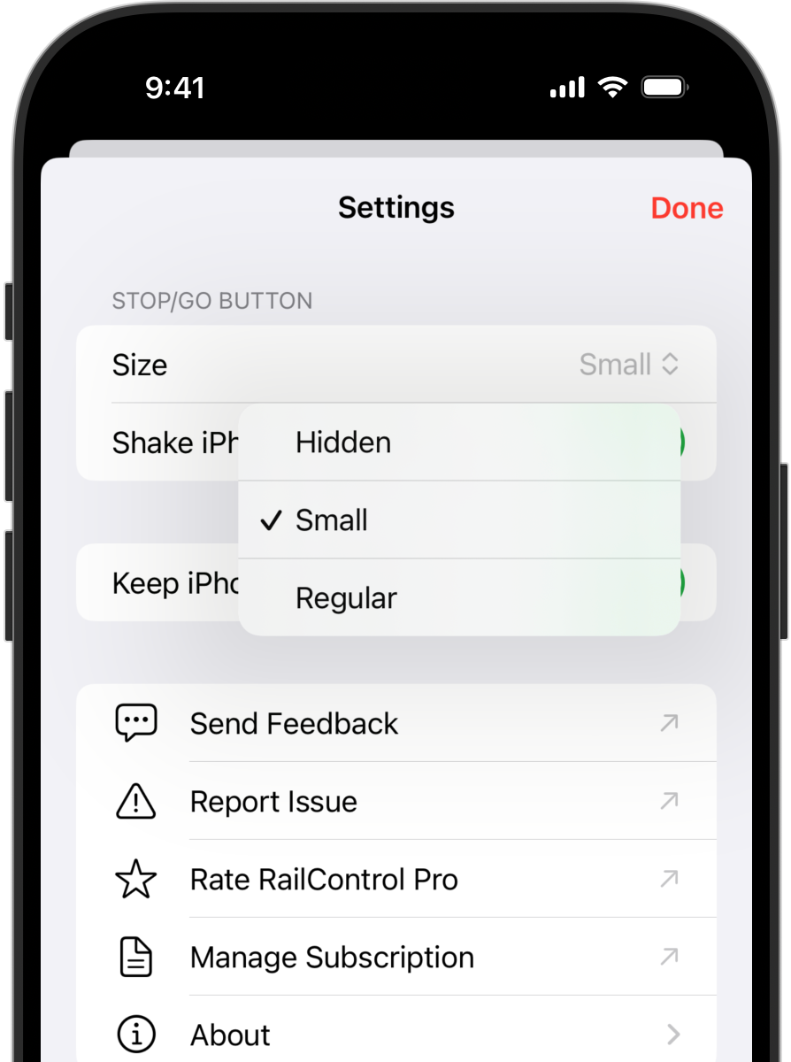 iPhone showing Settings in RailControl Pro